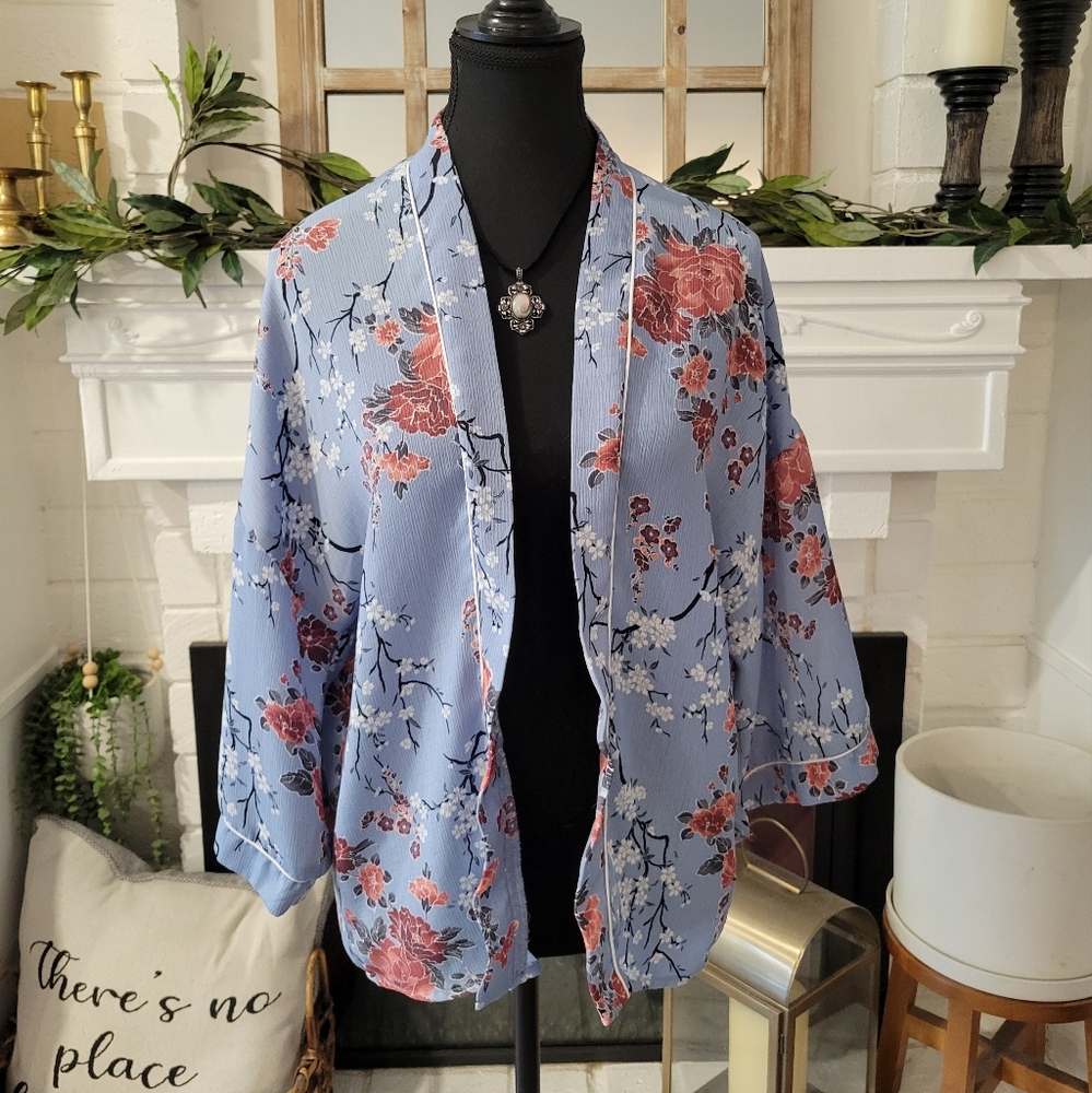 Rue21 Blue and Pink Floral Blossom Cherry Kimono Size S/M
